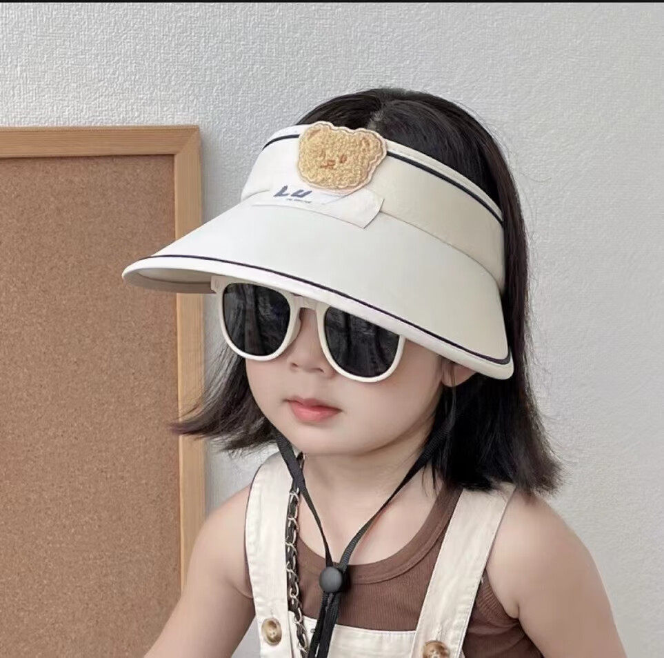 儿童防晒遮阳帽夏季防晒帽男童女童小熊遮阳帽儿童防晒帽女帽 糖果小熊--白色
