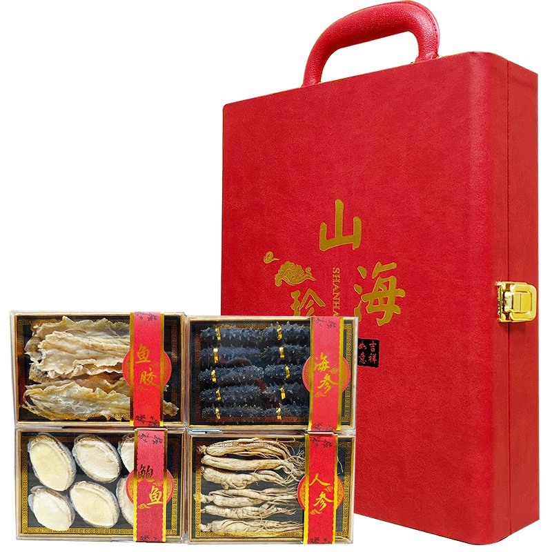 海参礼盒海参鲍鱼礼盒海鲜礼盒海产干货山珍海味礼盒送礼团购 山海珍品（四拼礼盒）红色款
