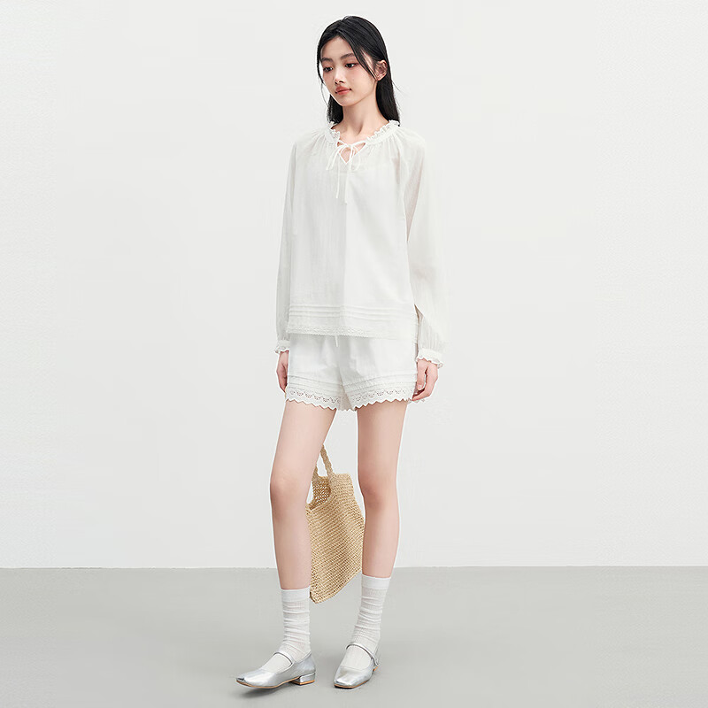 乐町A版花边短裤2025夏新款松紧腰阔腿裤显瘦小个子休闲百搭裤子 亮白（现货） L