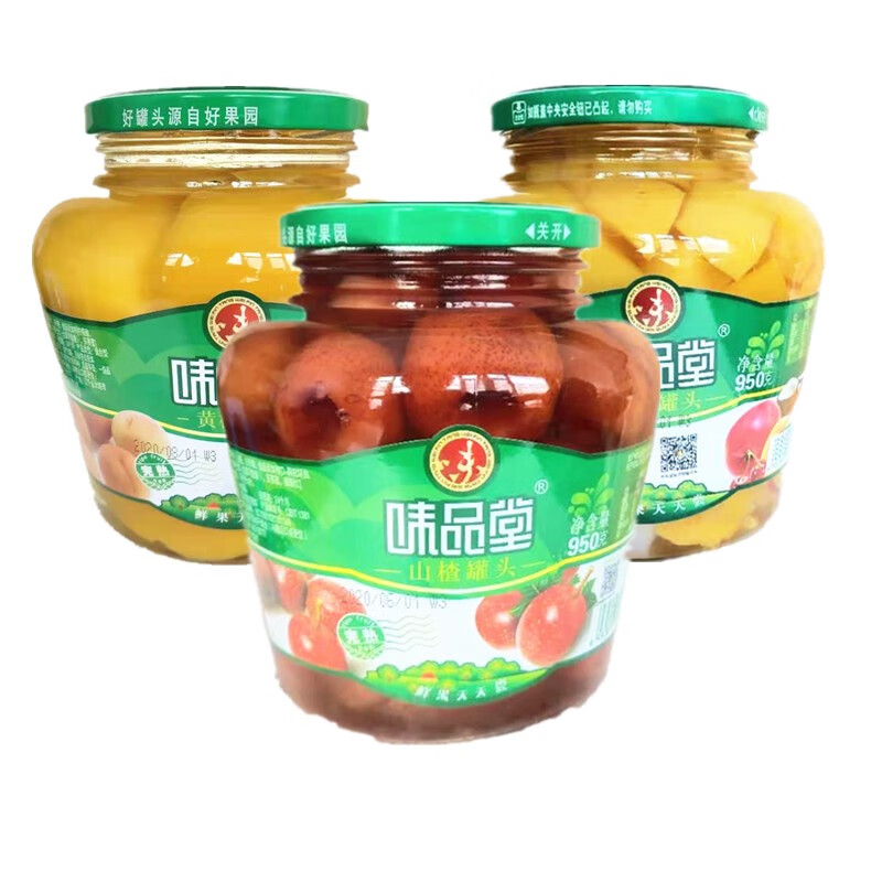 味品堂糖水黃桃罐頭果肉新鮮午后水果罐頭混合950克玻璃瓶裝 山楂罐頭單瓶裝