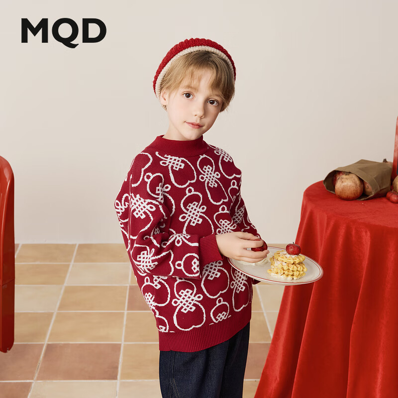 马骑顿（MQD）【拜年服】男大童冬季喜庆满版潮酷休闲新年半高领毛衣 中国红 150