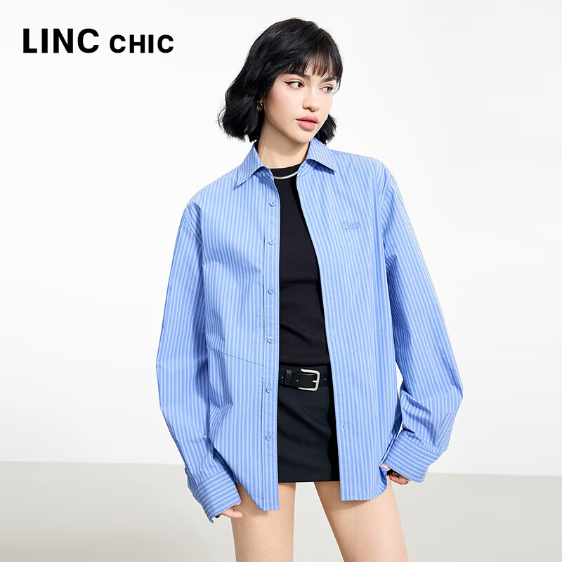 金羽杰2025年春季新品轻奢长袖竖条纹衬衫女士中长款宽松衬衣S251SH093Y 高街蓝条 L 适合150斤以下
