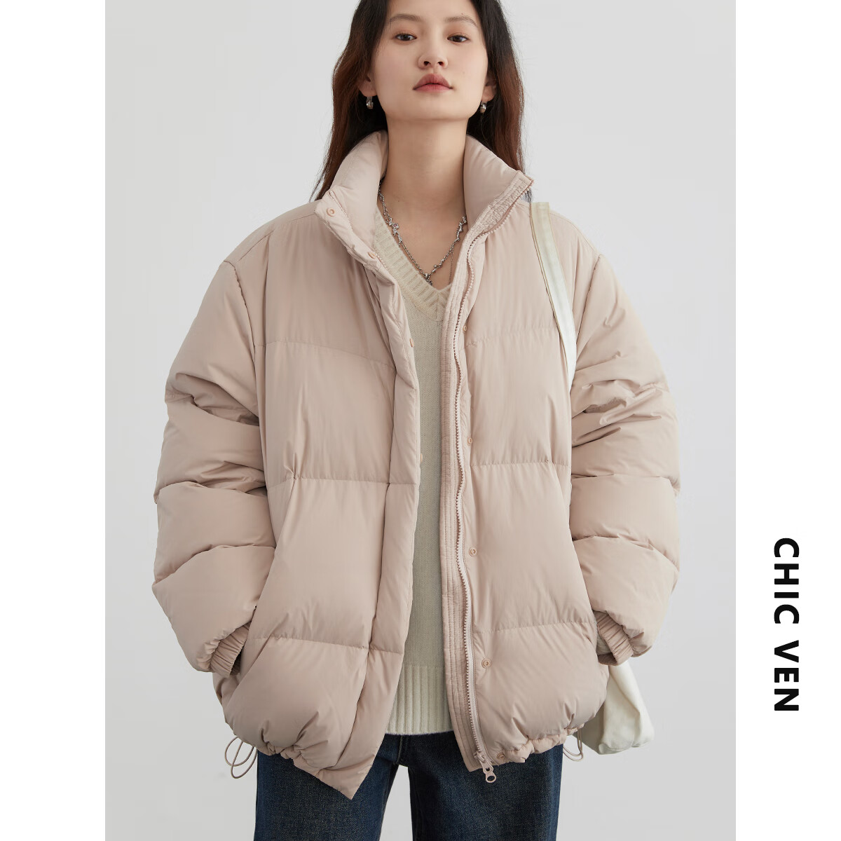 CHIC VEN 2025冬季新款80白鸭绒防风保暖连帽羽绒服外套女chicven 12180-黑色（80白鸭绒） S 【尺码偏大，建议拍小一码】