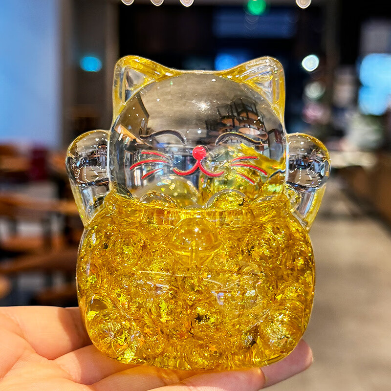 夜光水晶招财猫创意亚克力办公室桌面装饰品摆件开业送礼生日礼物 招财猫流沙摆件-金色