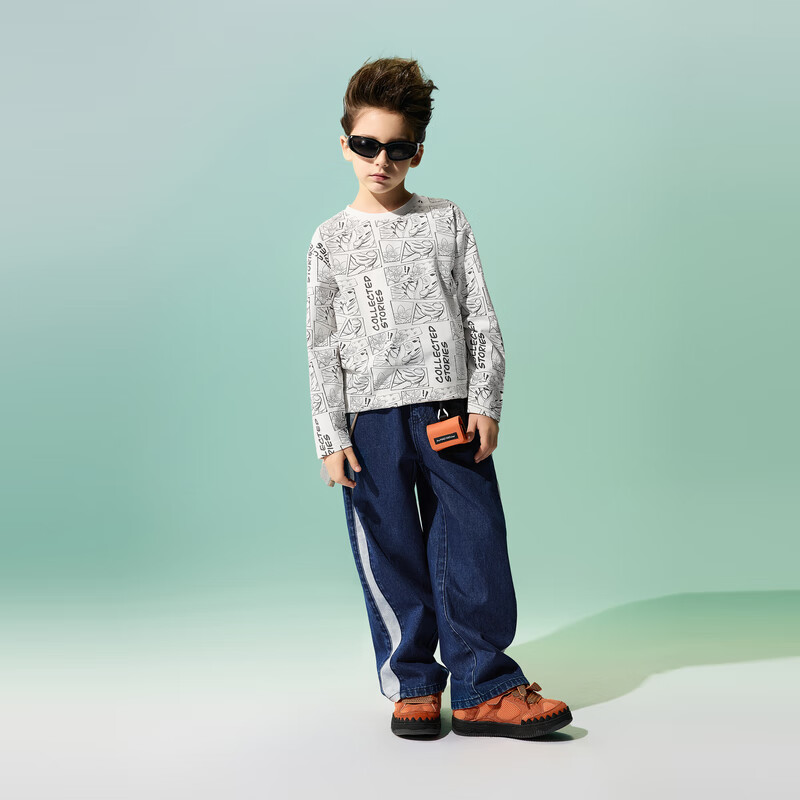 马骑顿（MQD）【国潮系列】男童裤子春秋季新款宽松直筒拼色儿童牛仔裤百搭 深牛仔蓝 130