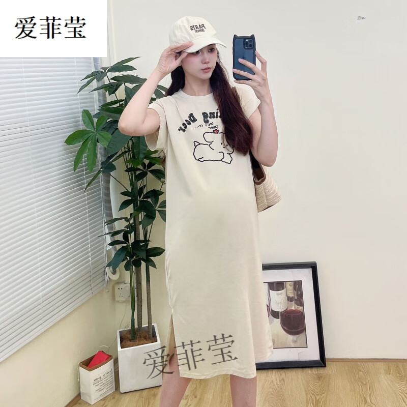 爱菲莹孕妇装2025夏季新款韩版中长款连衣裙时尚卡通印花宽松休闲T恤裙 奶茶色 M
