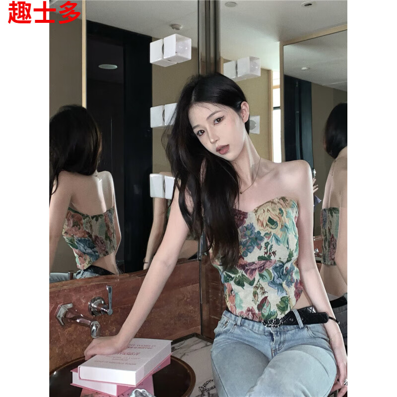 趣士多露背上衣辣妹性感碎花抹胸小背心女夏季露背油畫復古修身短