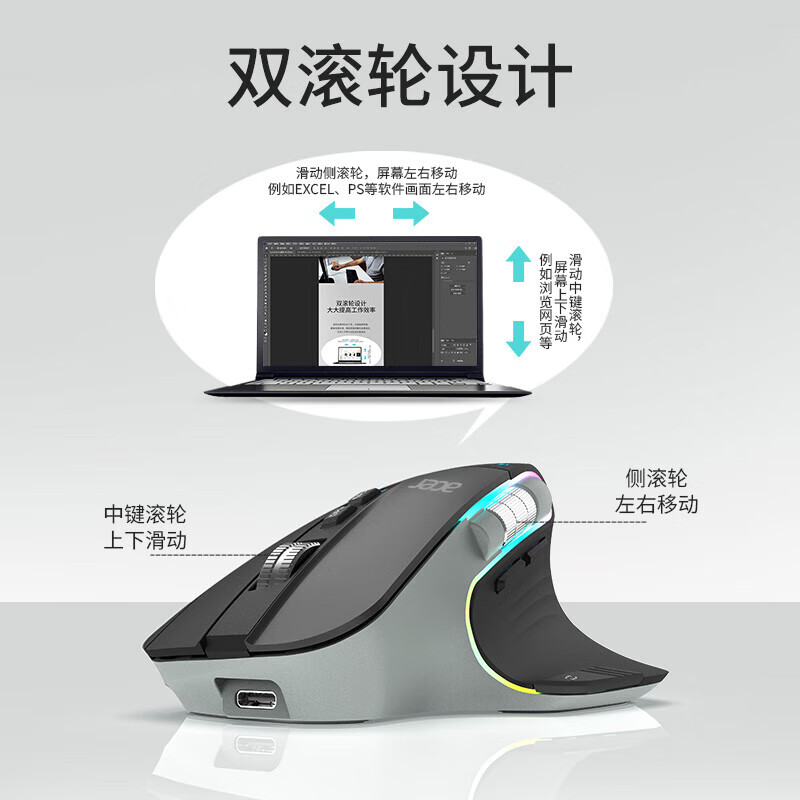 宏碁（acer）人体工学三模鼠标 无线蓝牙双滚轮大手 多设备一键切换办公静音鼠标 可自定义编程按键多档DPI调节 清晰浅蓝【4800DPI】三模