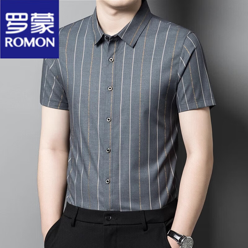 羅蒙（ROMON）男士襯衫夏裝新款條紋短袖冰絲上衣商務(wù)休閑免燙修身中青年襯衣男 ZC2614款灰色 XL 175