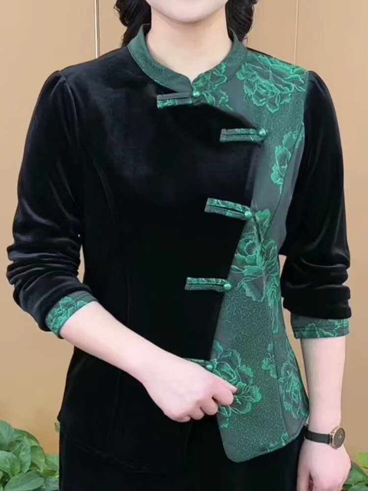 德洛賓中年秋裝高檔金絲絨打底衫女2024春秋氣質(zhì)拼色盤扣金絲絨打底衫G 綠色 L X 【90-110斤】