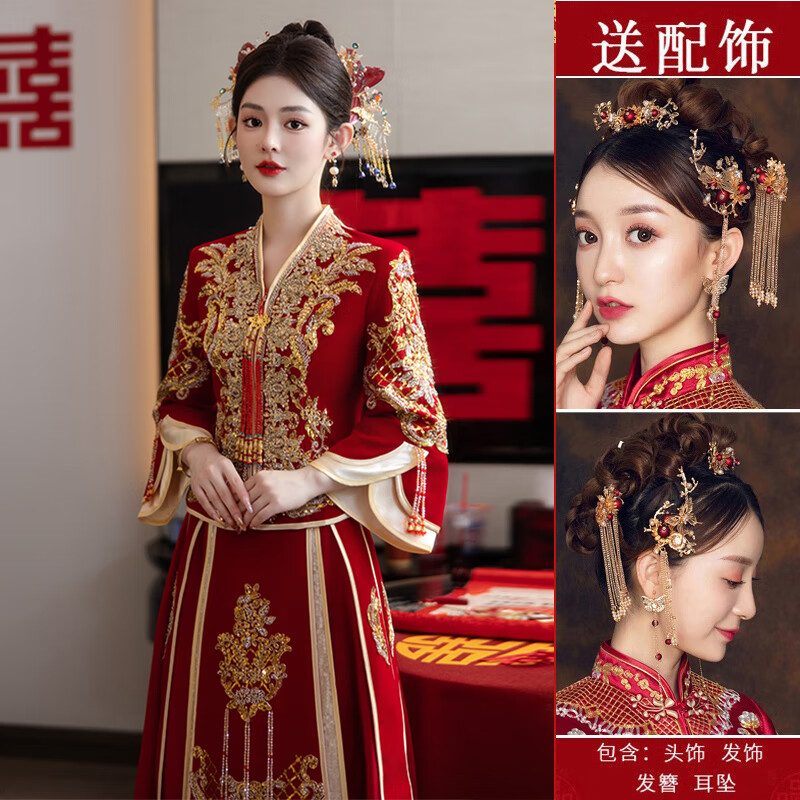烏拓冬季長袖V領(lǐng)小個子秀禾服v領(lǐng)新娘2025新款中式婚紗結(jié)婚禮服大碼秀 V領(lǐng)-小個版蝴蝶頭飾 XL