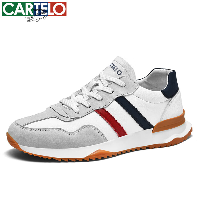 卡帝乐鳄鱼男鞋春夏季真皮防滑板鞋厚底旅游鞋透气帆布男士休闲鞋跑步运动鞋 米白-皮面(QH8009) 40