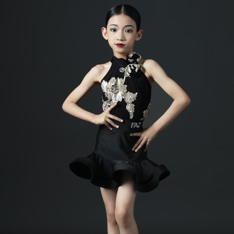 喆湘演出服FZ夏少儿网红舞蹈练习练功服装女童拉丁舞蹈儿童表演训练 黑色印花鱼尾裙 分体套装 140 cm