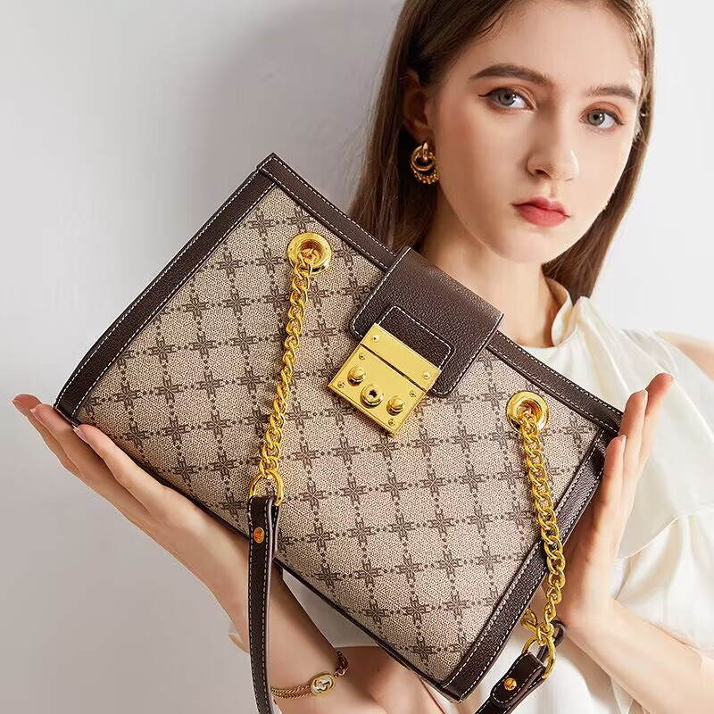 酷奇袋鼠女包斜挎2025新款托特包夏季欧美复古大容量时尚链条单肩手提大包 酷奇 咖啡色