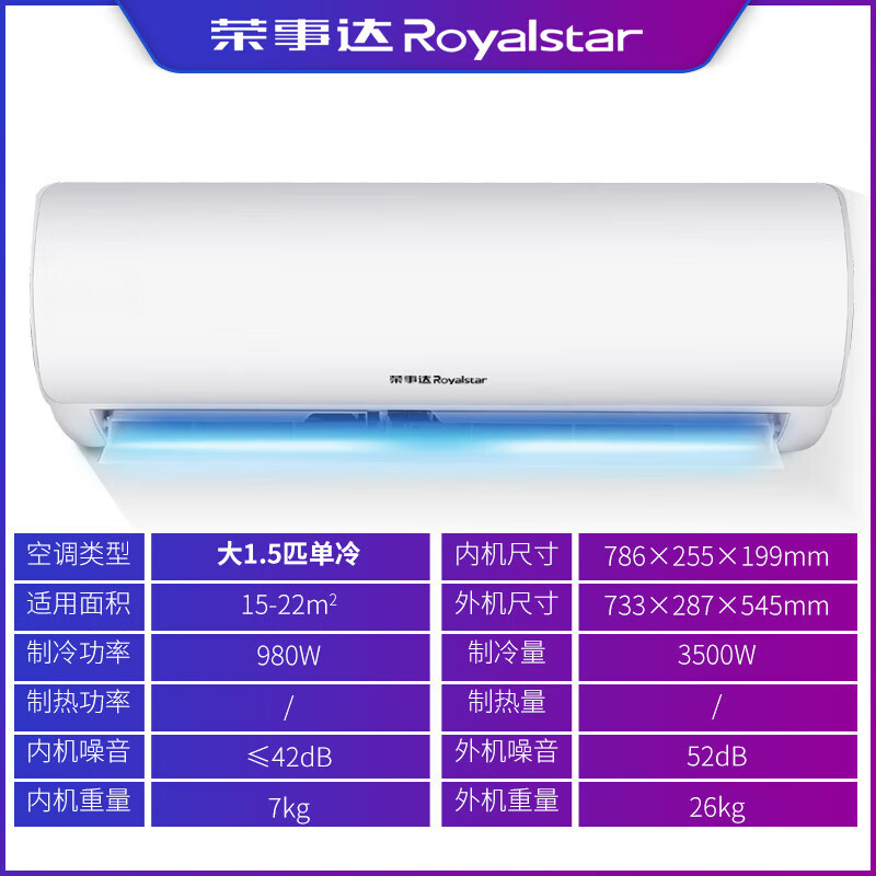 榮事達(dá)（Royalstar）家用節(jié)能空調(diào) 壁掛式空調(diào)掛機 臥室辦公室宿舍租房快速冷暖除濕 大1.5匹 五級能效 定頻單冷【適用15-22平】 送貨入戶+上門安裝