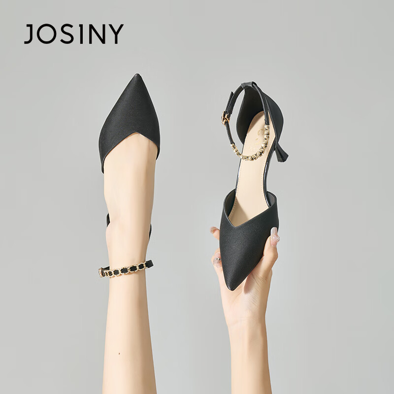 卓詩(shī)尼（Josiny）新款一字扣帶包頭涼鞋黑色尖頭細跟高跟單鞋女夏季 黑色主圖款[跟高6.5cm] 37