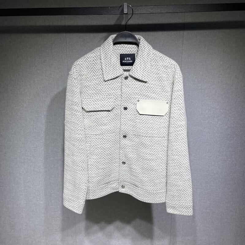 太平鳥B1BCF1208 男裝2025春季新款小香風(fēng)韓版翻領(lǐng)休閑夾克外套潮 白瑪瑙色 5-寬松 M 170/88A