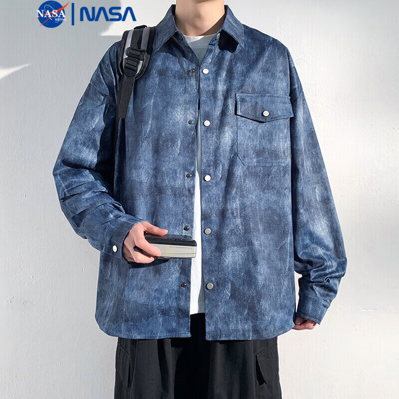 NASAMITOO美式扎染长袖衬衫男2025新款高街宽松痞帅衬衫 牛仔色 XL