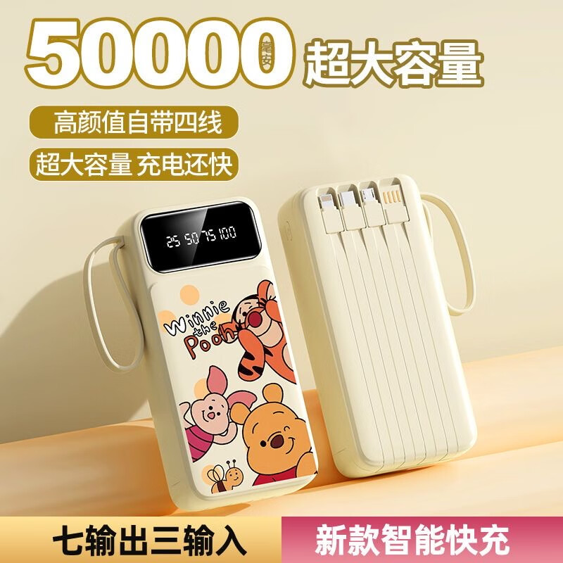 倍特源【3c认证丨卡通充电宝】自带线充电宝小巧快充适用华为小米苹果可爱移动电源50000毫安时超大容量 唯尼家族【顶配进