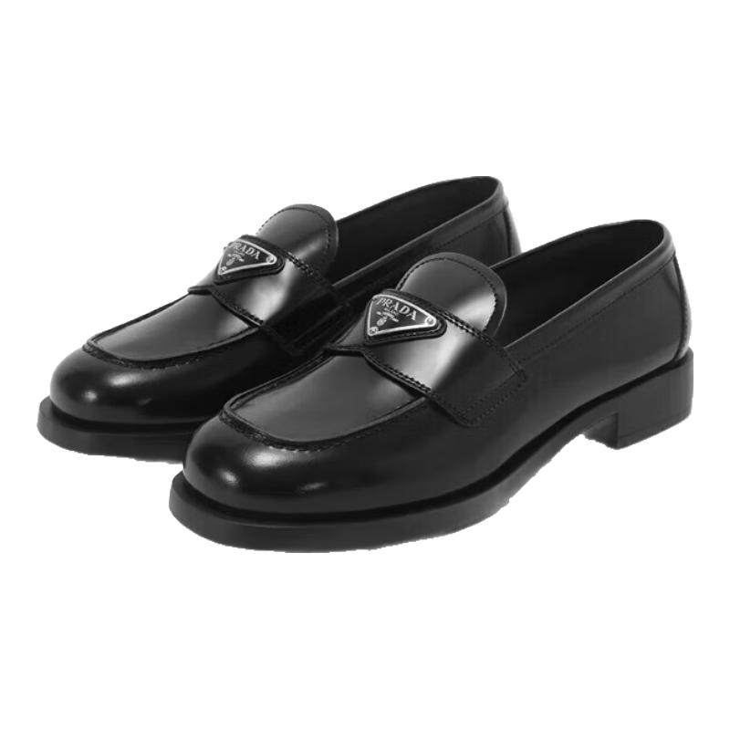 普拉达（PRADA）新品 女士亮面皮革无衬里乐福鞋皮鞋单鞋女鞋 1D238M 055 F0002 F 025 黑色三角形徽标 35