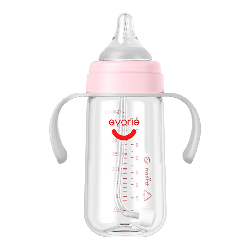 愛(ài)得利（evorie）奶瓶 寬口徑嬰兒奶瓶雙手柄帶重力球Tritan奶瓶240ml 粉(6個(gè)月+)