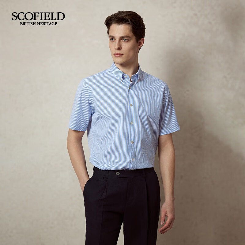 Scofield男士25春新品简约棉质时尚条纹休闲蓝色短袖衬衫翻领上衣 蓝色 M (170)