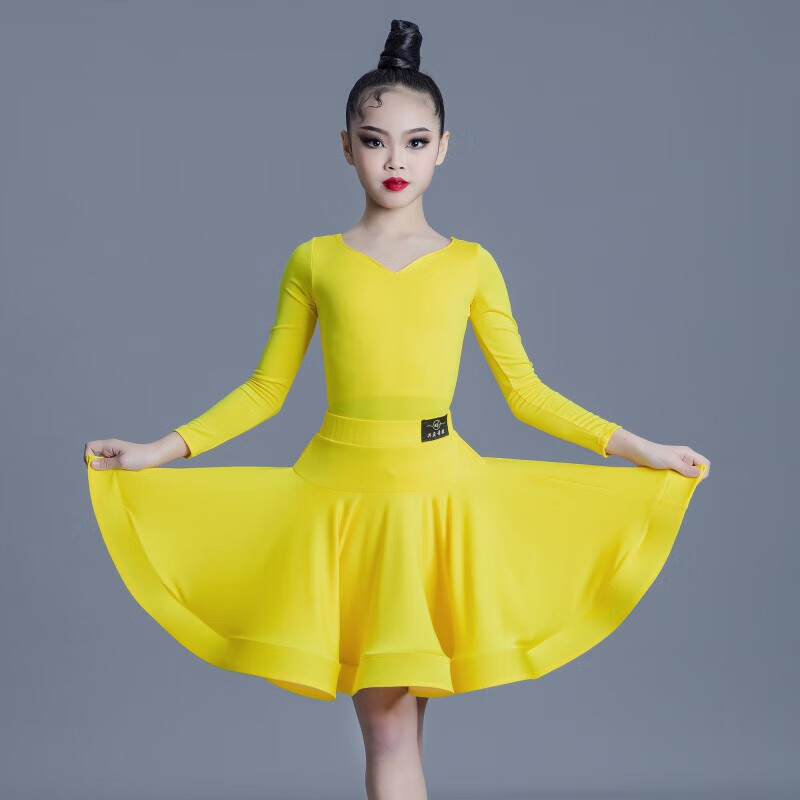 何建弓夏季新款兒童拉丁舞服女童舞蹈練功服少兒標(biāo)準(zhǔn)比賽服裝演出服 黃色 長(zhǎng)袖 110 S 碼