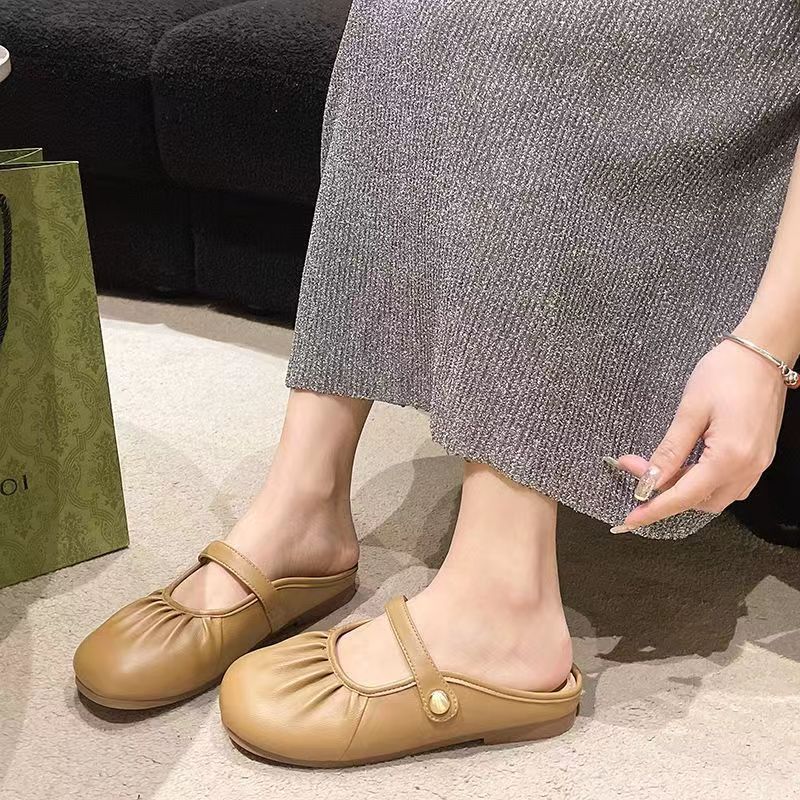 福虹辰2026春季新款外穿百搭平底单鞋女软底豆豆鞋防滑乐福鞋玛丽珍Z 褶皱包头拖-白色 36 -37适合35-36