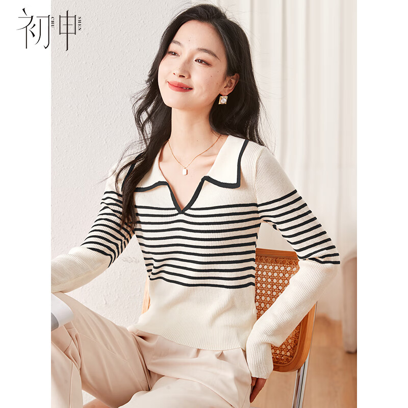 初申针织衫女设计感V领显瘦打底衫法式条纹气质毛衣上衣S143Z3001 黑色 M