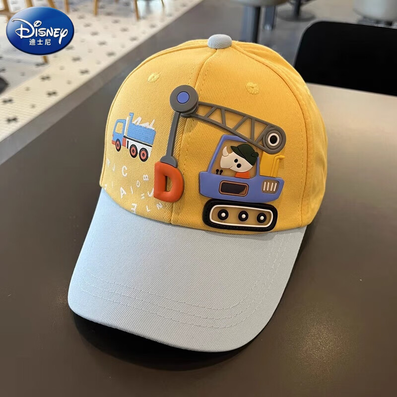 迪士尼（Disney）宝宝儿童帽子春秋季男童可爱卡通鸭舌帽女童防晒棒球帽遮阳帽夏潮 黄色吊机牛棒球帽 帽围46-52cm建议2-5岁具体看头围