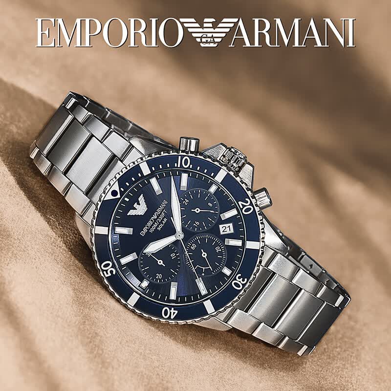 EMPORIO ARMANI 阿玛尼手表男士休闲防水生日七夕情人节礼物送男友电子石英手表 太阳能机芯蓝水鬼 AR11798