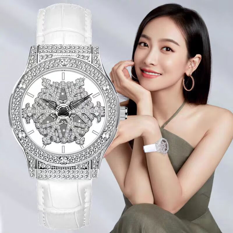 三达五芒星手表女士时来运转轻奢小众雪花女神送礼高级感明星同款腕表 银壳白皮带【镶钻五芒星】