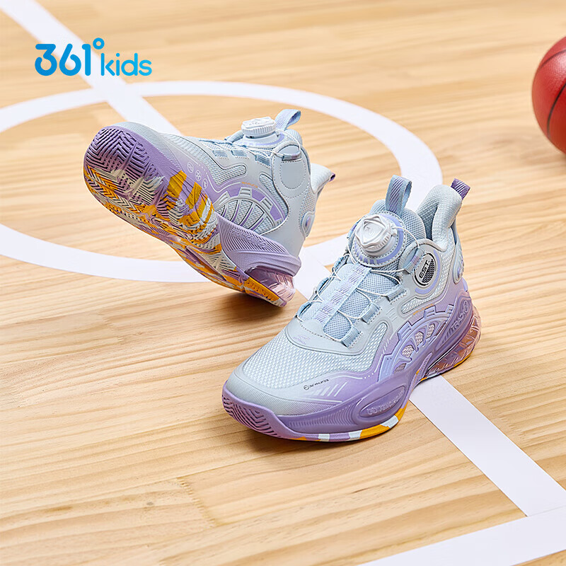 361°儿童童鞋男童运动耐磨篮球鞋年冬季新款中大童旋钮扣运动鞋子 泥灰蓝色/柔紫色 35