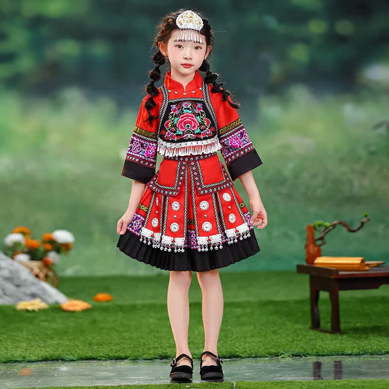 炫逐广西壮族三月三民族服装儿童少数民族哈尼族服饰女孩土家族演出服 红色全套（不包括鞋子） M 100c