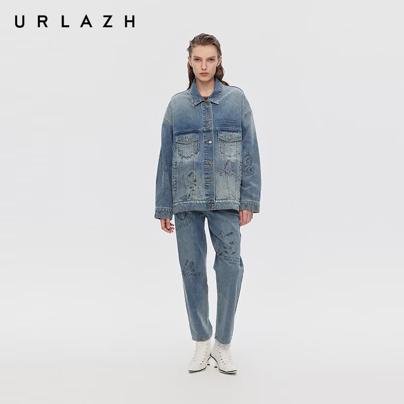 URLAZH春季新款复古蓝萌宠家族涂鸦翻领牛仔外套女 蟹青 XS