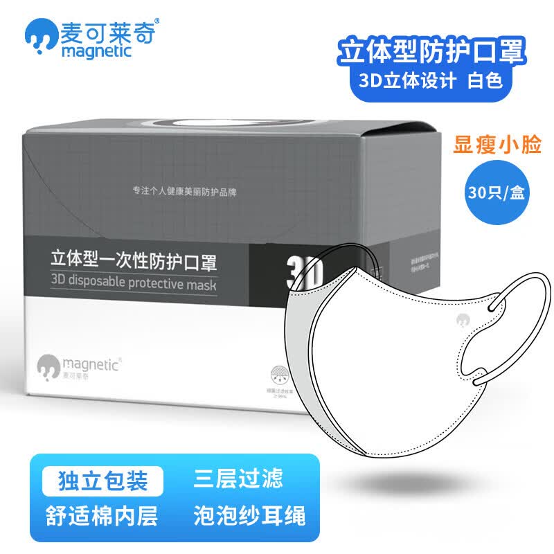 麦可莱奇一次性3D立体型口罩独立包装防尘防风显瘦舒适棉内层不花妆高颜值 白色60只