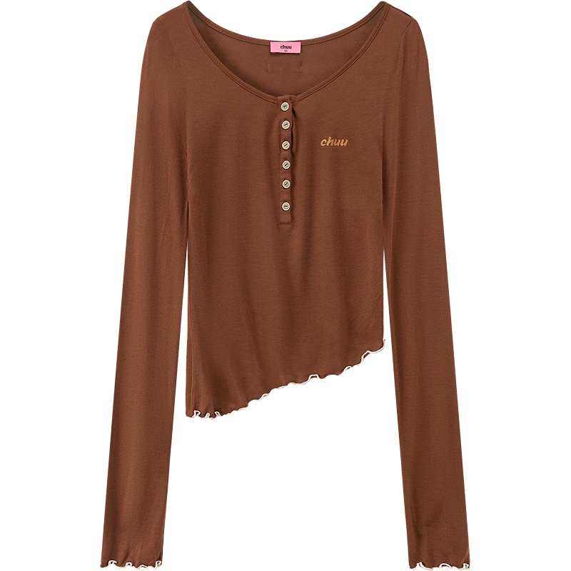 CHUU不规则木耳边T恤女2025秋季新品透肤裸感小个子长袖正肩上衣 咖色 XL