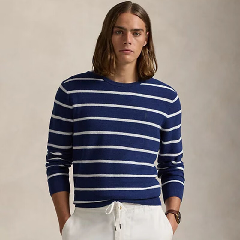 拉夫勞倫（Ralph lauren）男士時(shí)尚保暖優(yōu)雅針織衫 輕質(zhì)耐磨條紋網(wǎng)眼毛衣 條紋藍色 XS