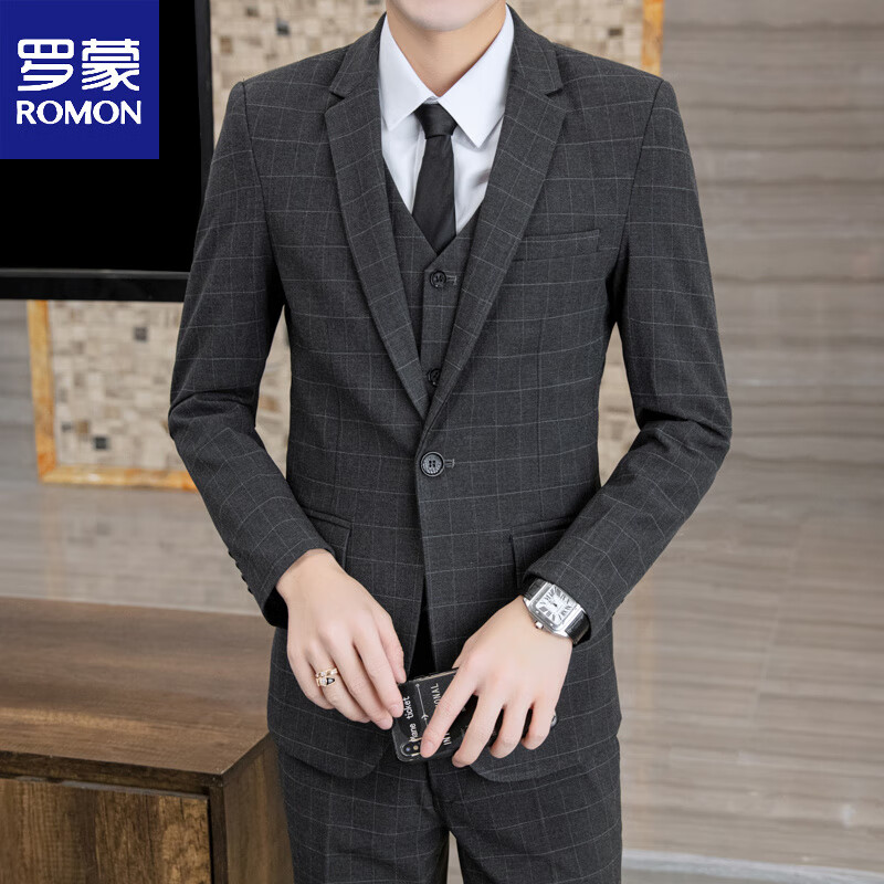 罗蒙(ROMON)韩版格子西服男士套装休闲商务正装三件套修身新郎结婚西装外套男 深灰【西服+裤子】领带领结 L (105~120斤)