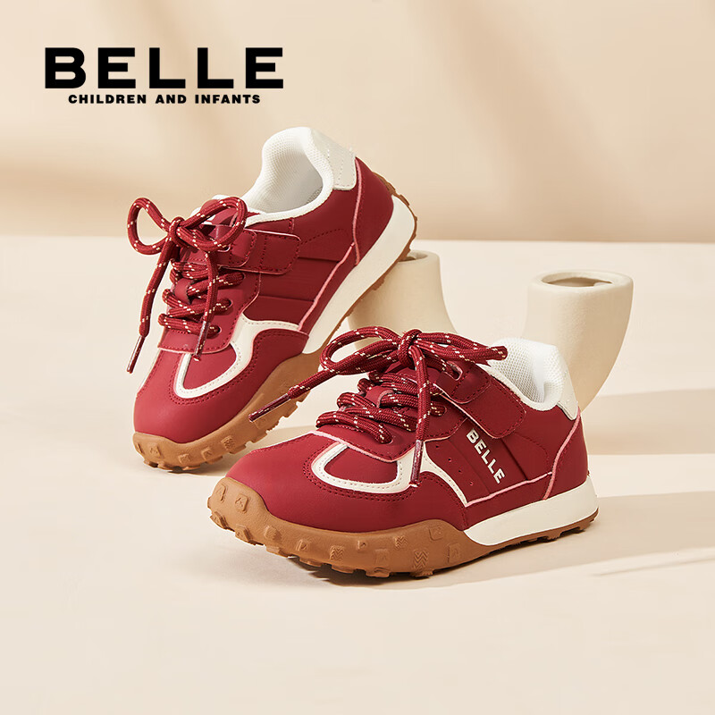 百丽儿童运动鞋25秋新款女童男童休闲鞋便捷魔术贴百搭大童跑步鞋 红色 30 【建议脚长186-191mm】