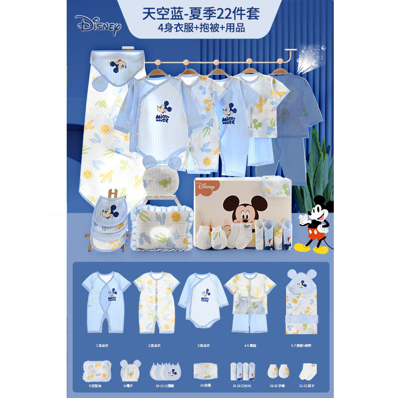 迪士尼（Disney）新生兒禮盒初生寶寶滿月禮物嬰兒套裝0-6個(gè)月嬰兒夏季衣服送禮品 夏季款22件套藍(lán)色 73cm