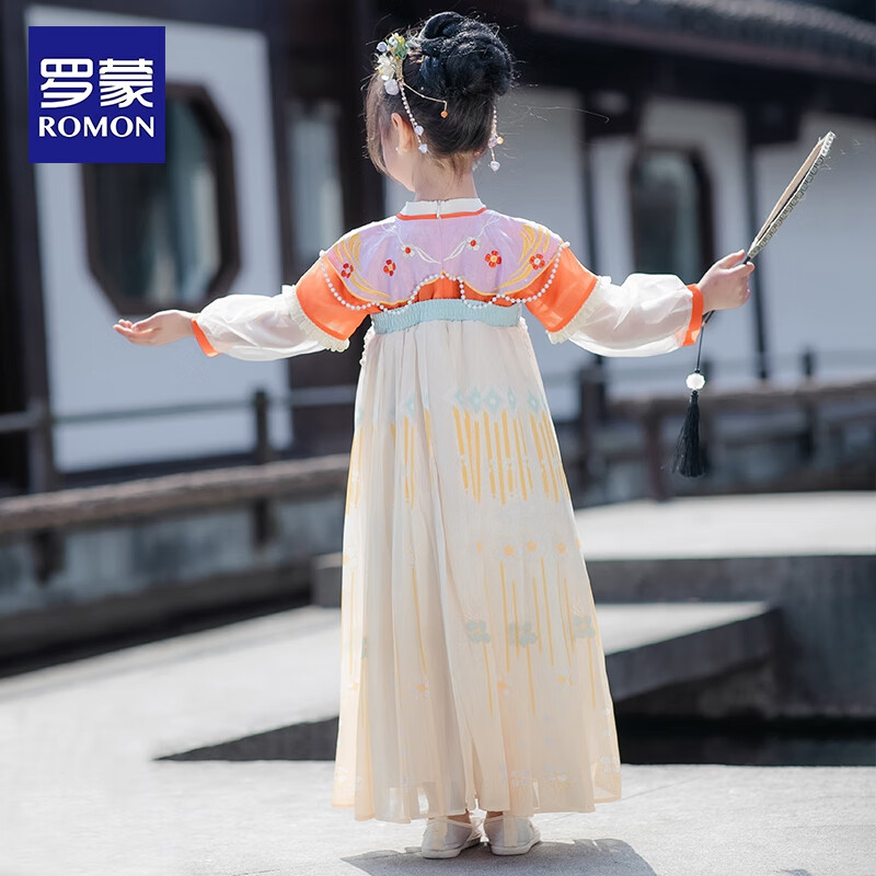 罗蒙儿童中国风原创齐胸襦裙2026款唐装女童汉服夏季毕业演出服 HQ1191黄色襦裙 110