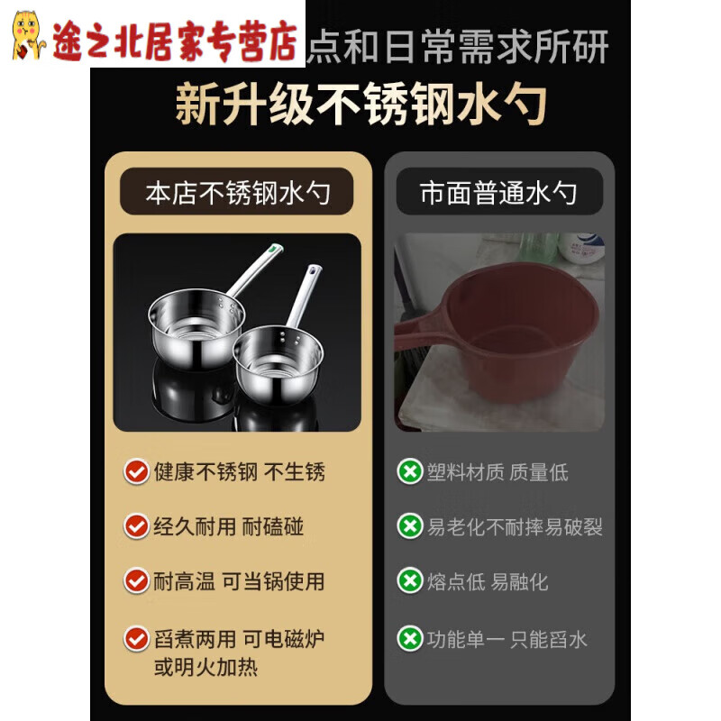 花乐集316不锈钢水瓢加厚不锈钢水勺家用厨房水瓢舀水瓢水舀子商用短柄 不锈钢水勺14cm