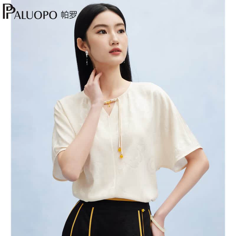 帕罗（PALUOPO）新中式19mm弹力提花真丝短袖t恤女装25春夏新款桑蚕丝ES2F0219Z 米白 M (160/84A)