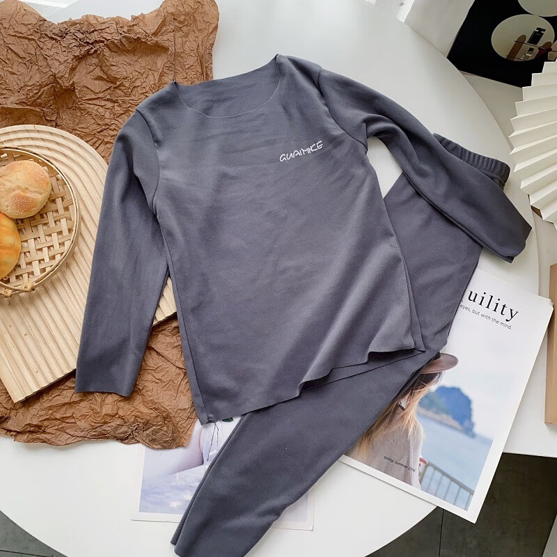 冉旻纯儿童保暖内衣套装男童秋衣秋裤女童中大童德绒男孩秋冬睡衣家居服 双面德绒套装)深灰色男女同款 110