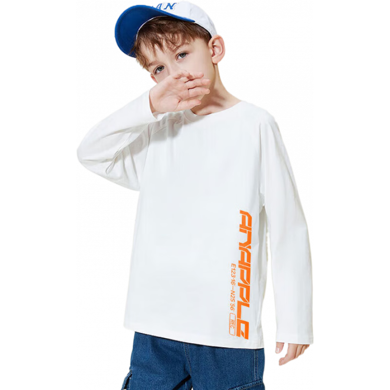唐獅女童長(zhǎng)袖t恤春秋款兒童春季打底衫男童卡通休閑衣服中大童小學(xué)生1 白色23橙色字母K左下 150