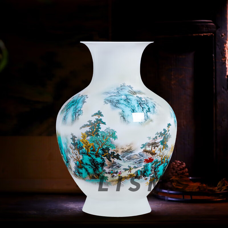 LISM景德鎮(zhèn)陶瓷手繪山水花瓶插花薄胎中式客廳博古架裝飾瓷器擺件大號(hào) 溪山訪友魚(yú)尾瓶-鄭國(guó)平/證書(shū)