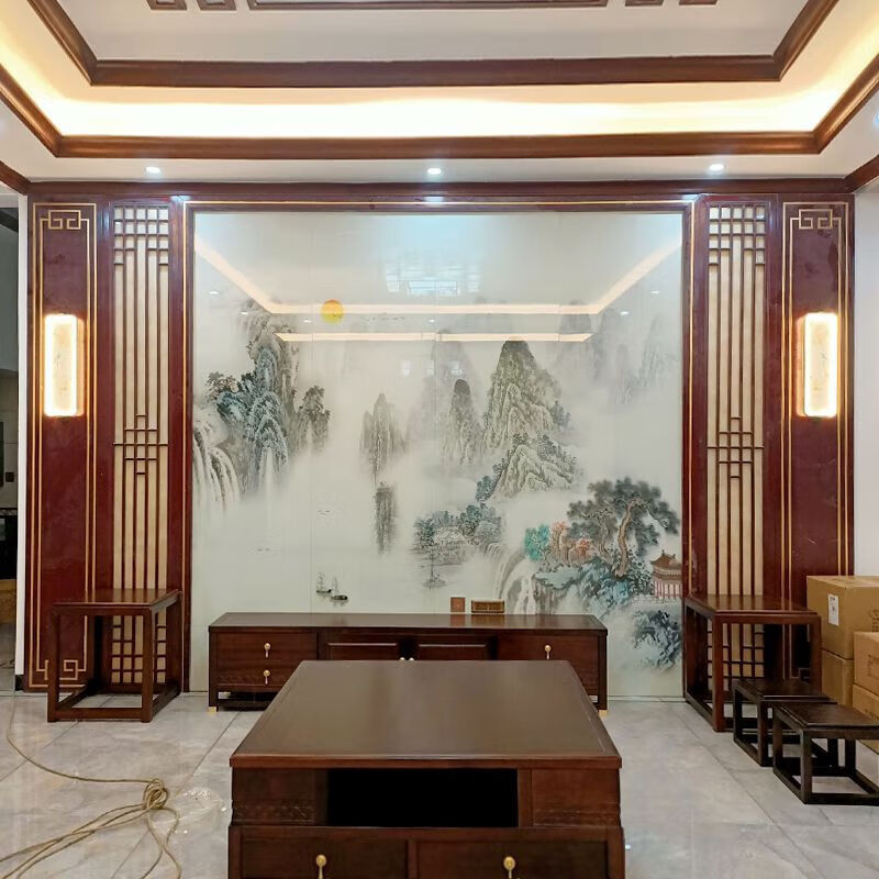妙普樂新中式巖板電視背景墻輕奢實木花格護墻板線條邊框瓷磚微晶石山水 畫芯巖板大板 /1平方米 1-1