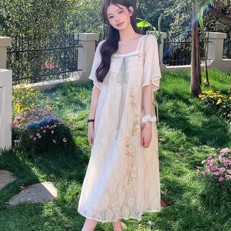 景怡依高中學生加肥加大碼寬松仙女裙胖女孩長裙子胖妞少女夏雪紡連衣裙 杏色 M