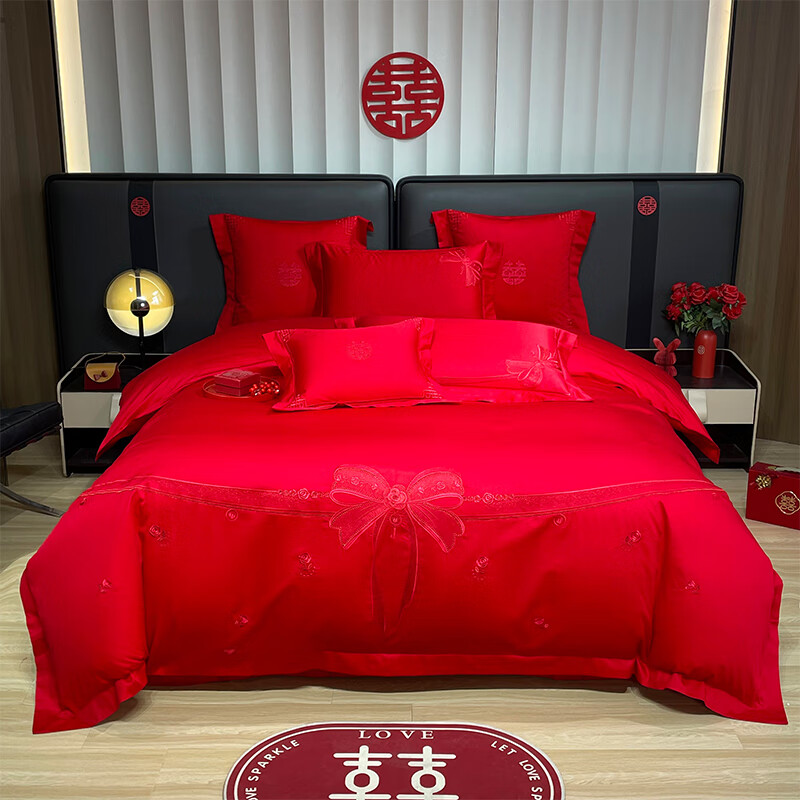 水星系列家紡囍嫁結(jié)婚四件套純棉婚慶大紅色床單被套新疆棉婚房床上用品4 公主嫁到-紅 1.5m床單款四件套